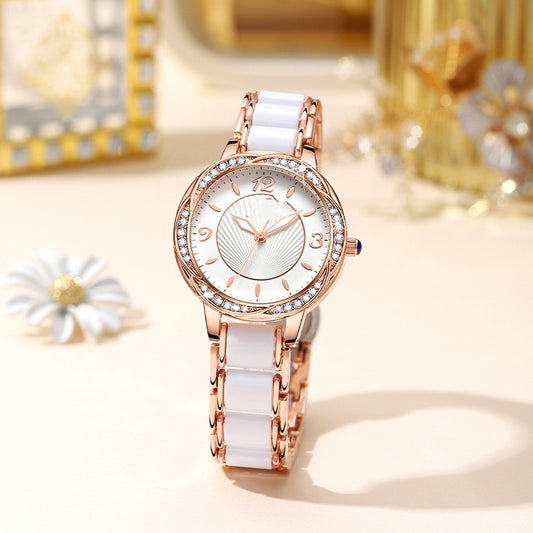 Women's Fashion Simple Ceramic Strap Butterfly Buckle Quartz Watch