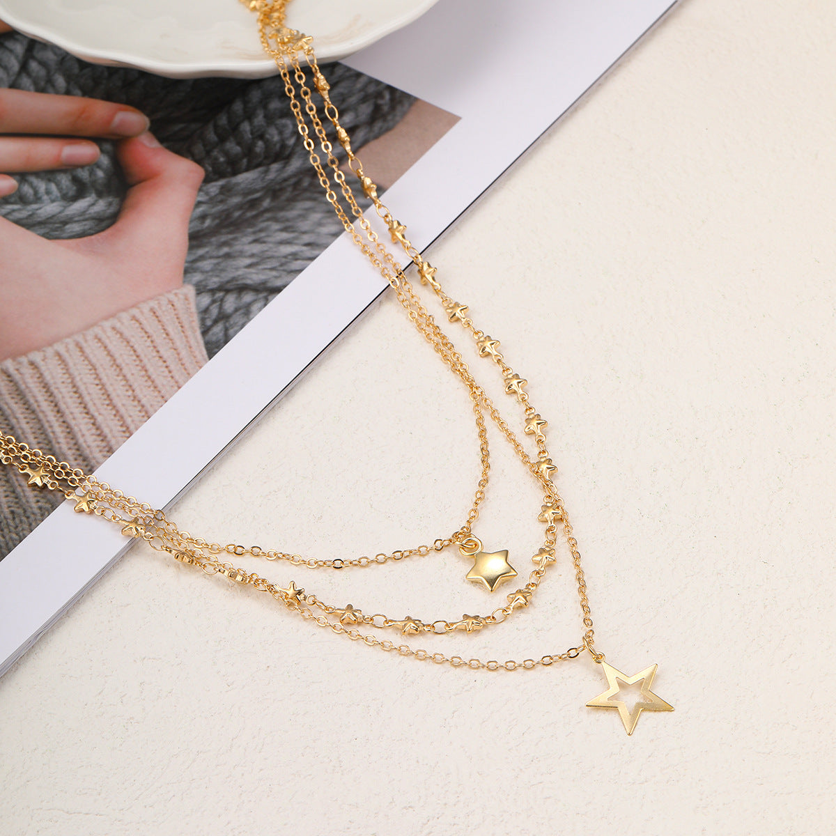 Hollow Pentagram Pendant Necklace Creative Personality Retro Multi-layer Twin Clavicle Chain