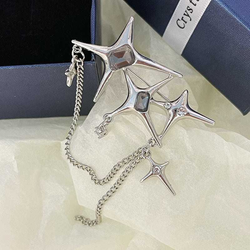 Four Eight-pointed Stars Zircon Chain Brooch For Women